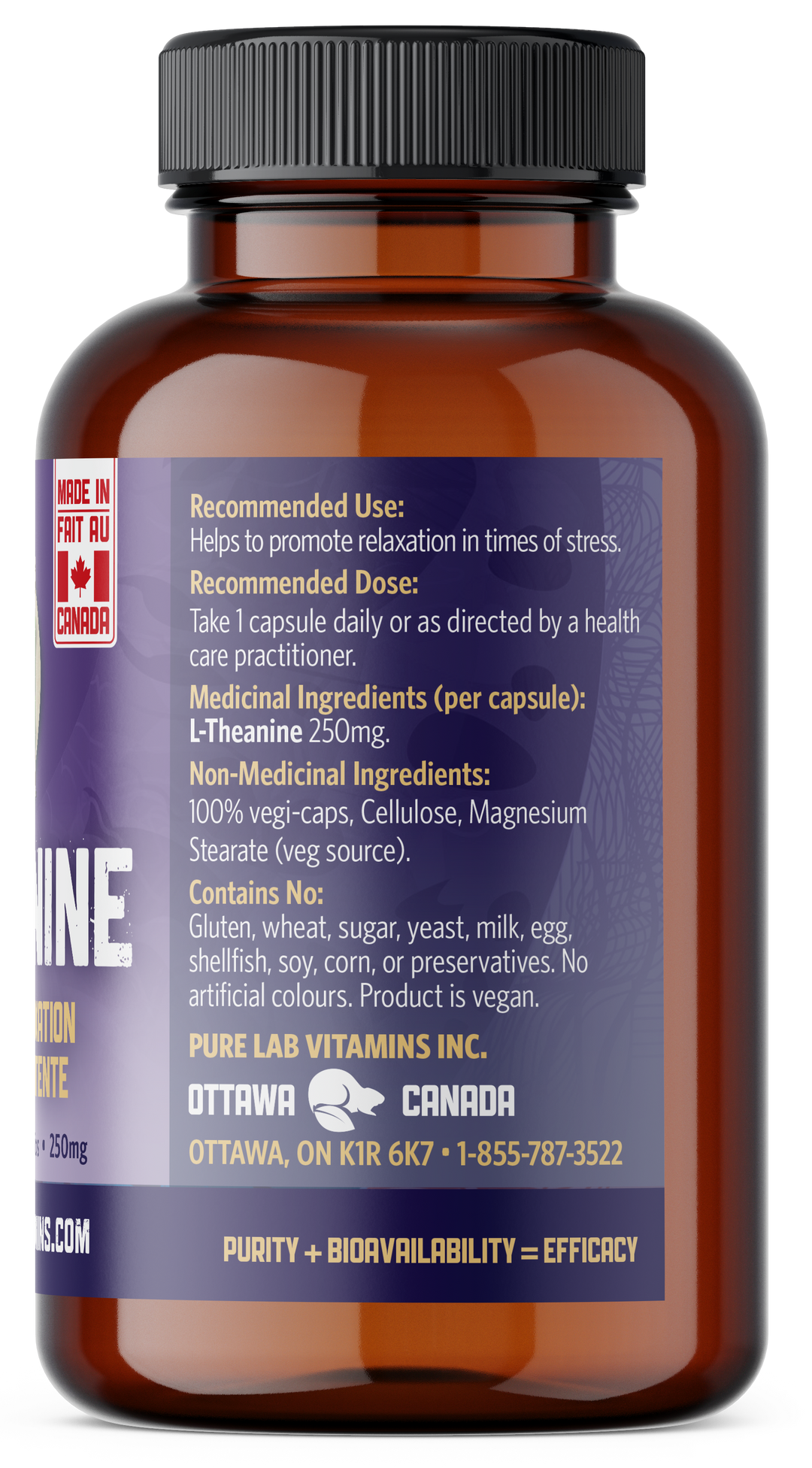 Brown supplement bottle with a blue label on a white background