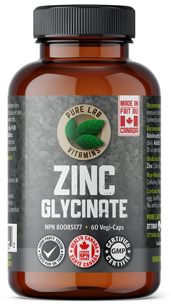 Bottle of Pure Lab Vitamins Zinc Glycinate supplement on a white background