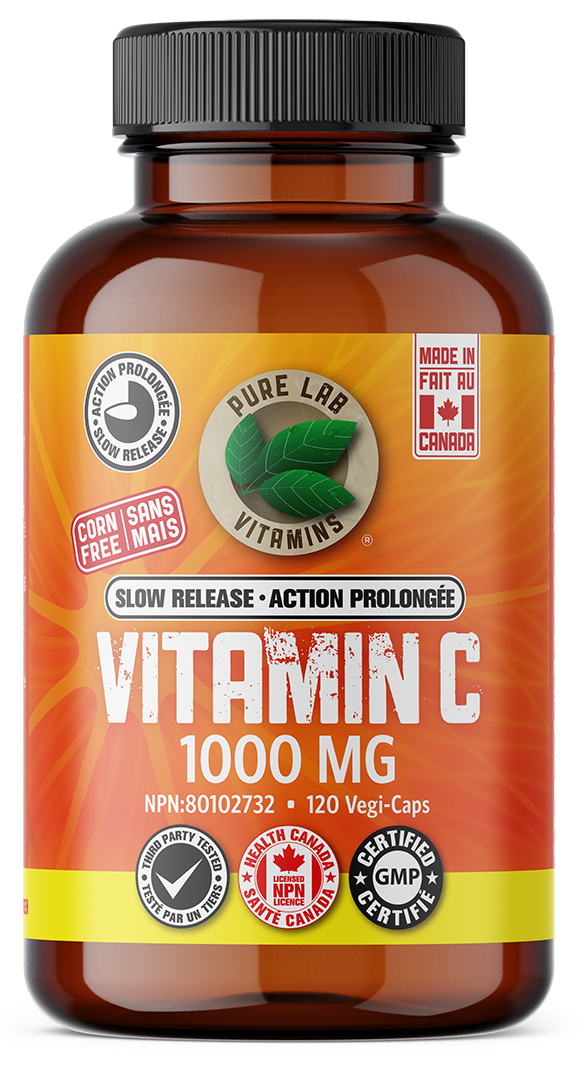 Vitamin C supplement bottle with label on a white background