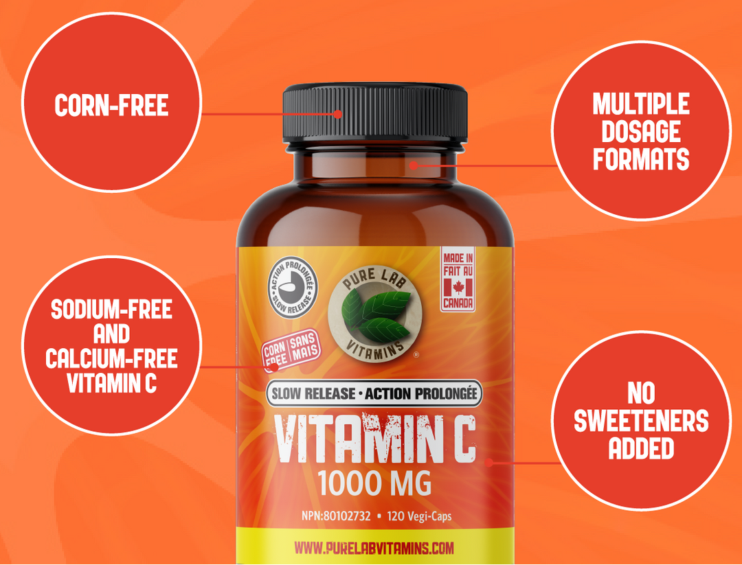 Vitamin C supplement bottle on an orange background with feature circles.